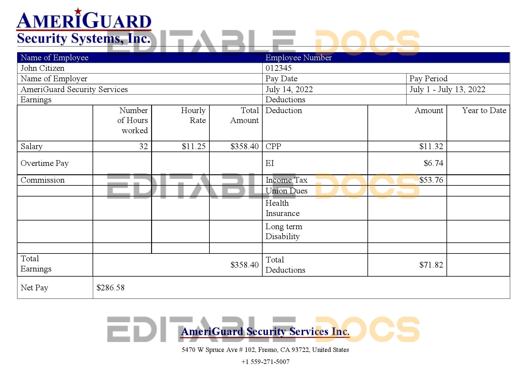 USA AmeriGuard Security Services Inc security company pay stub Word and PDF template