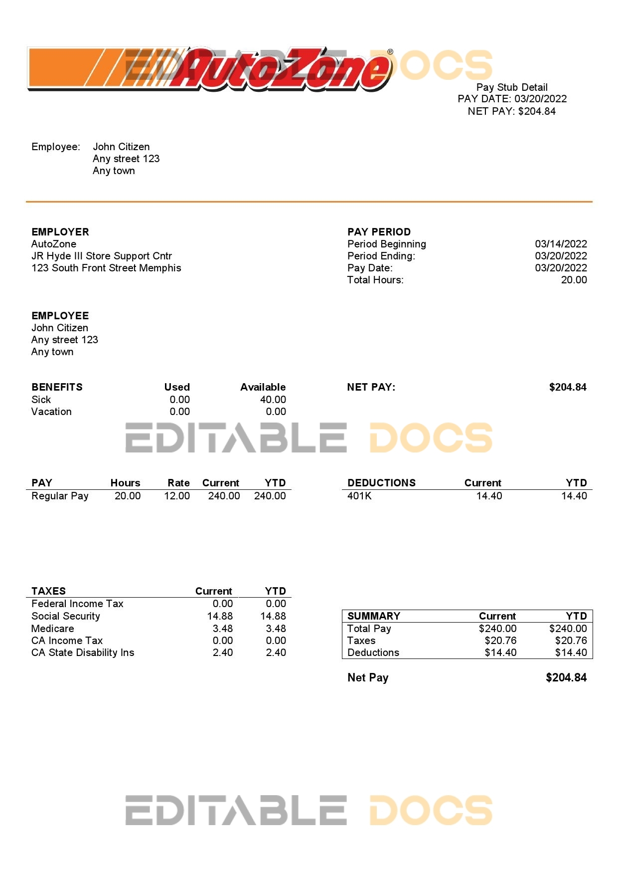 USA Auto Zone auto retailer company pay stub Word and PDF template