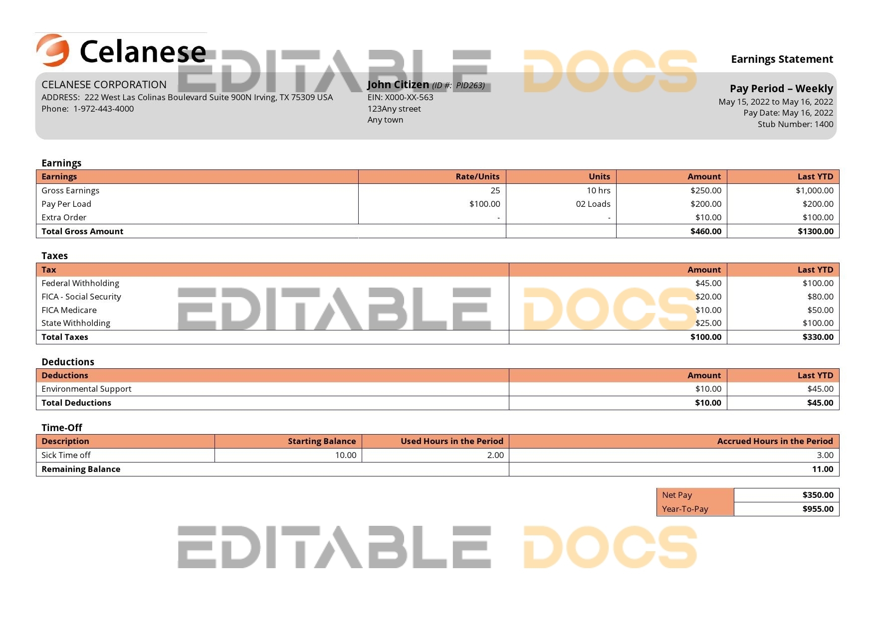 USA Celanese technology company pay stub Word and PDF template