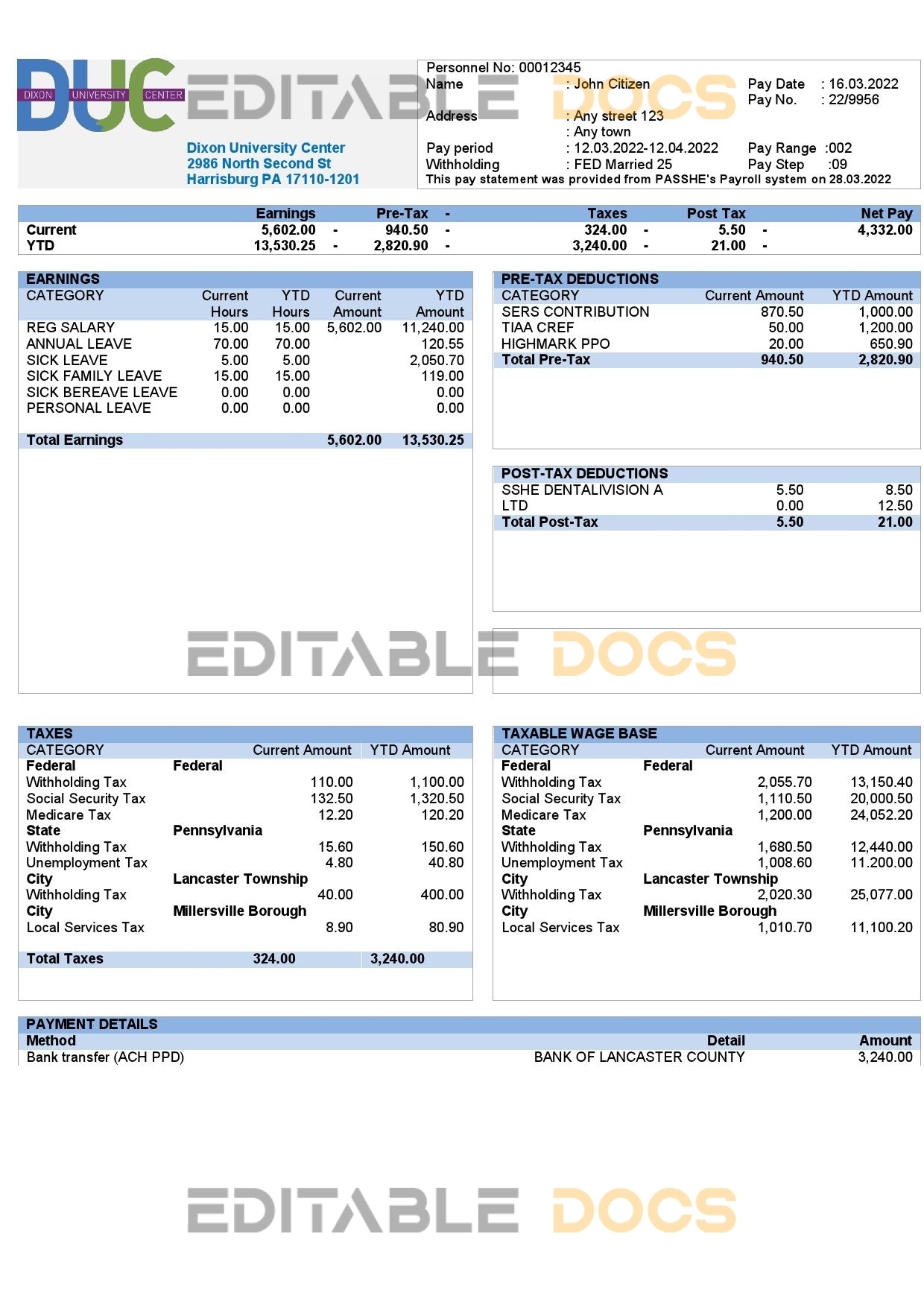 USA Dixon University Center educational company pay stub Word and PDF template