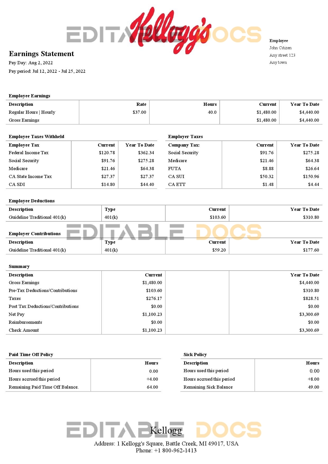 USA Kellog food processing company pay stub Word and PDF template