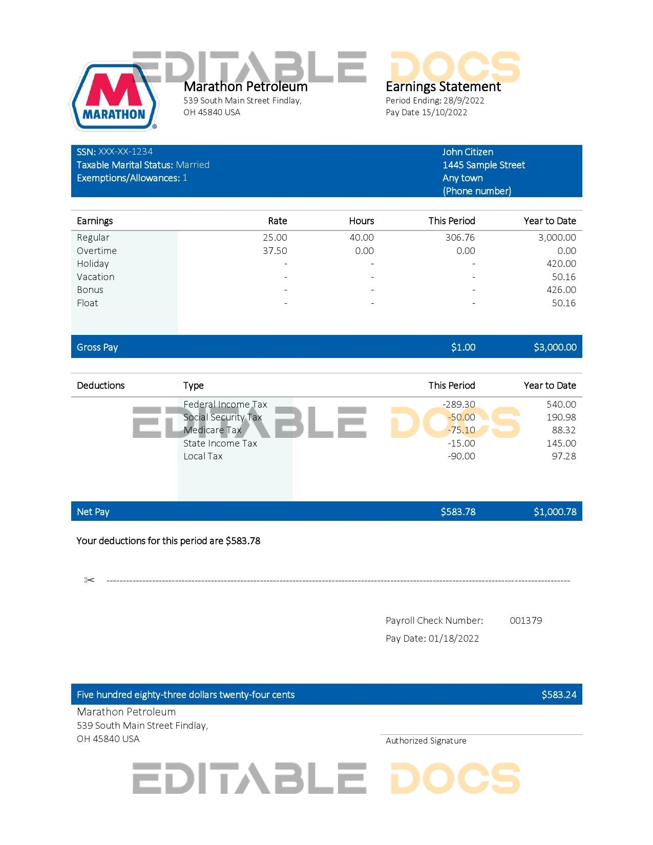 USA Marathon Petroleum company pay stub Word and PDF template