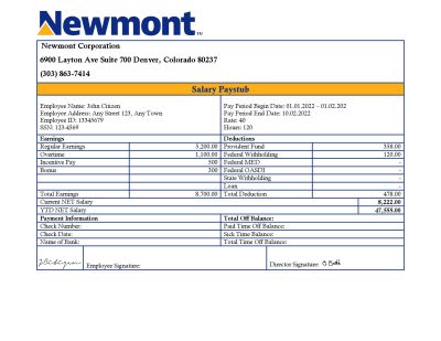 USA Newmont Corporation mining company pay stub Word and PDF template