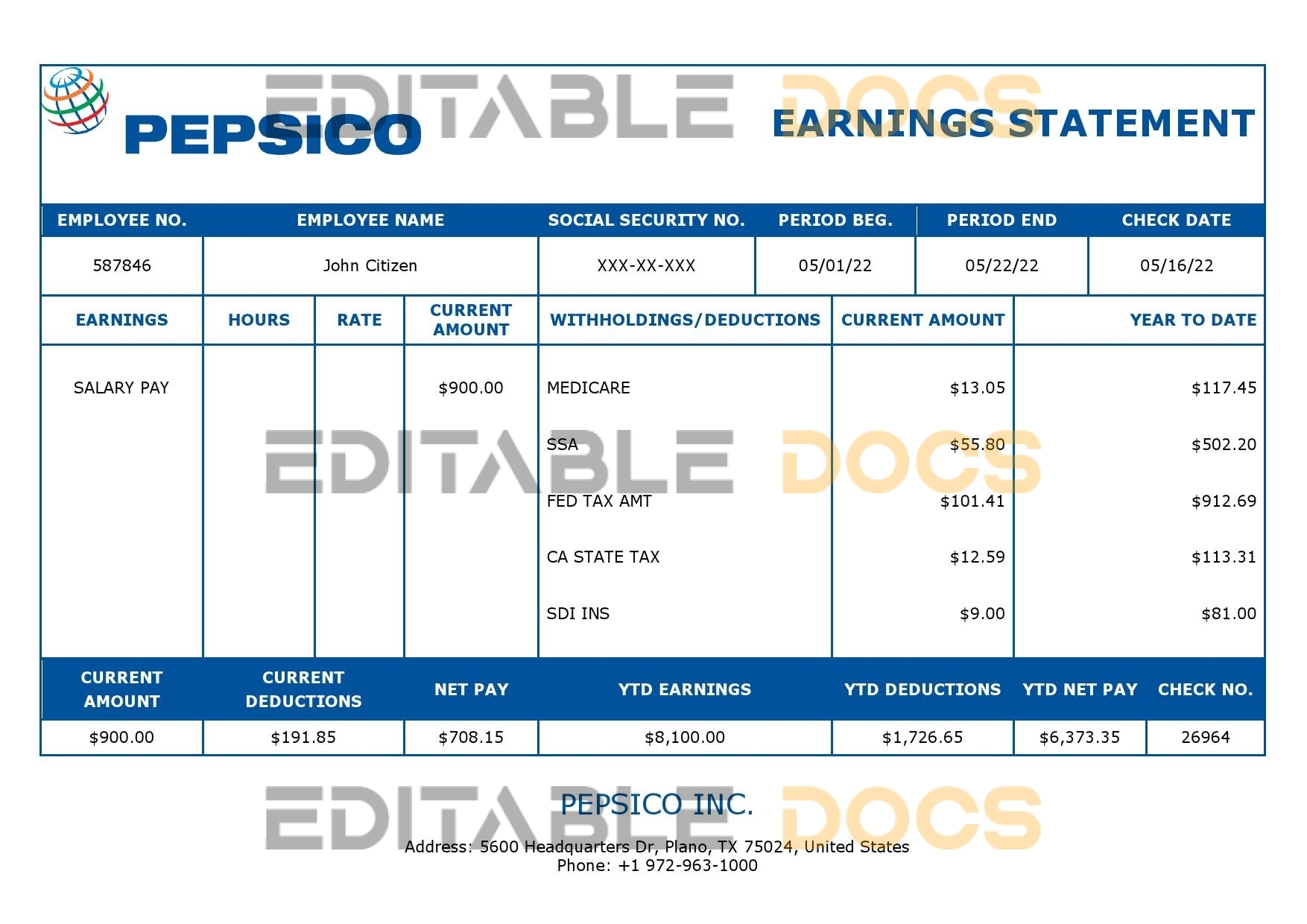 USA Pepsico Inc. drink producing company pay stub Word and PDF template