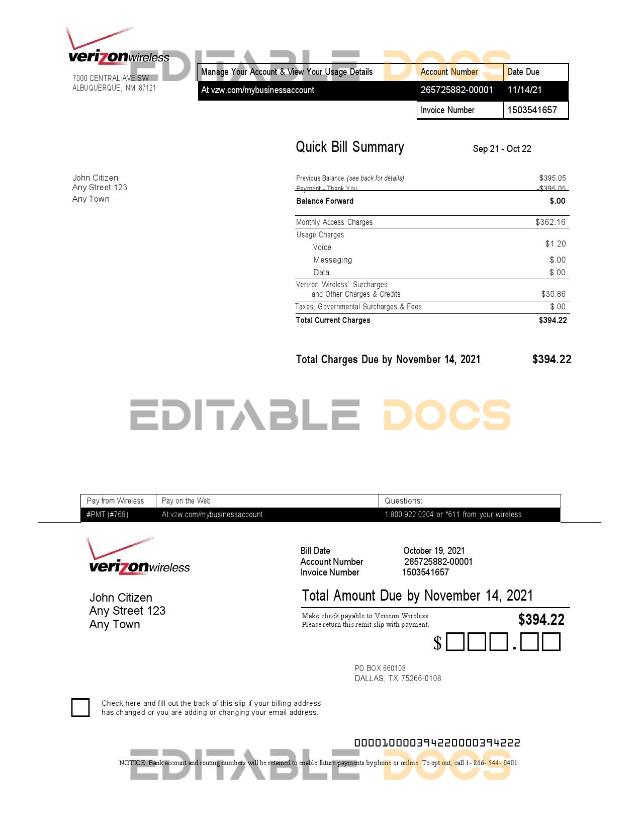 USA Verizon invoice template in Word and PDF format, fully editable