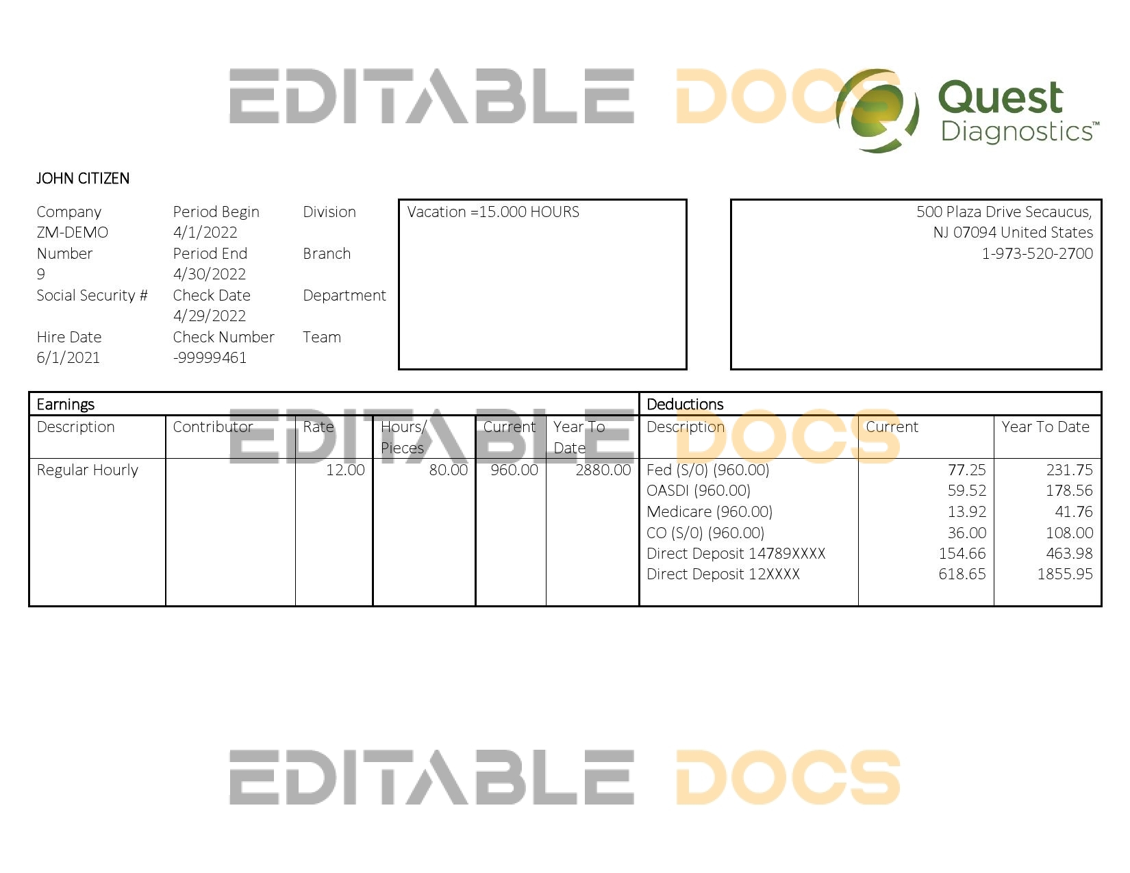 USA diagnostic company employee sheet template in Word and PDF format