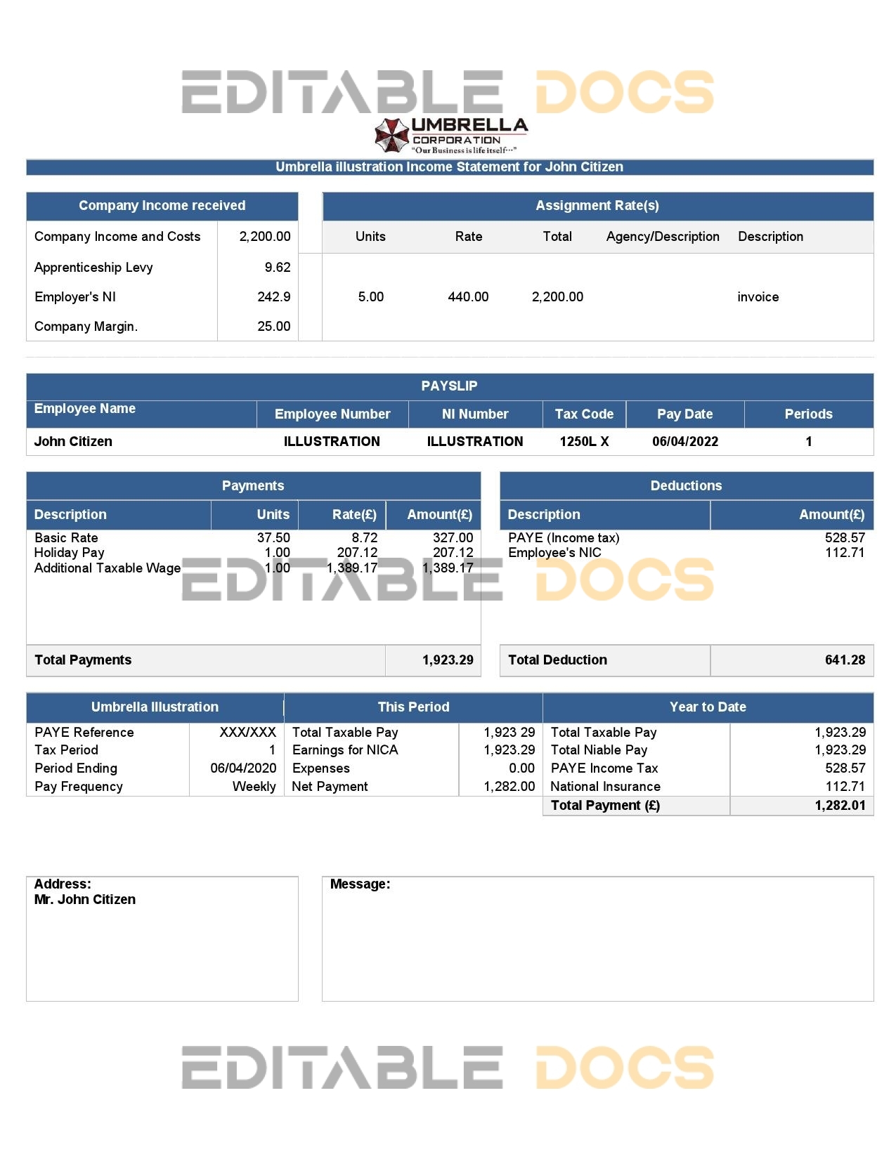 USA Umbrella pharmaceutical company pay stub Word and PDF template