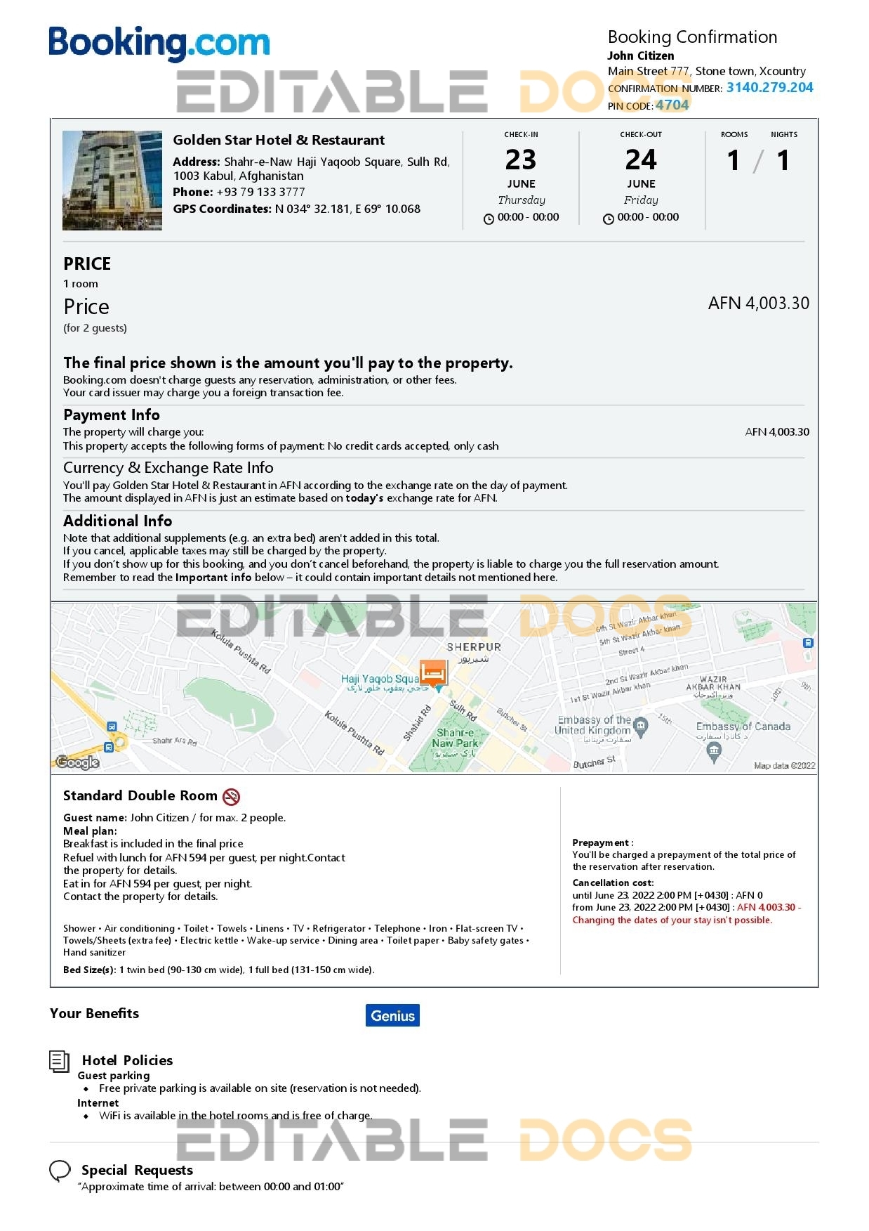 Editable Afghanistan Hotel Booking Form Template | Fillable PDF