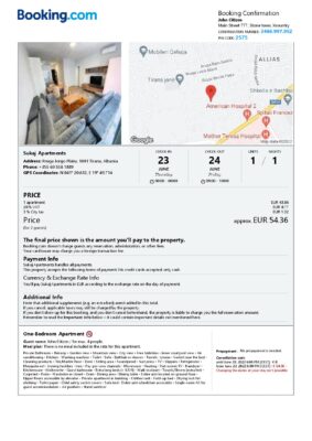 Editable Albania Hotel Booking Form Template | Fillable PDF
