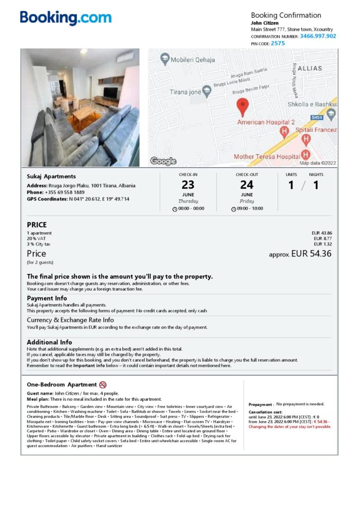 Editable Albania Hotel Booking Form Template | Fillable PDF