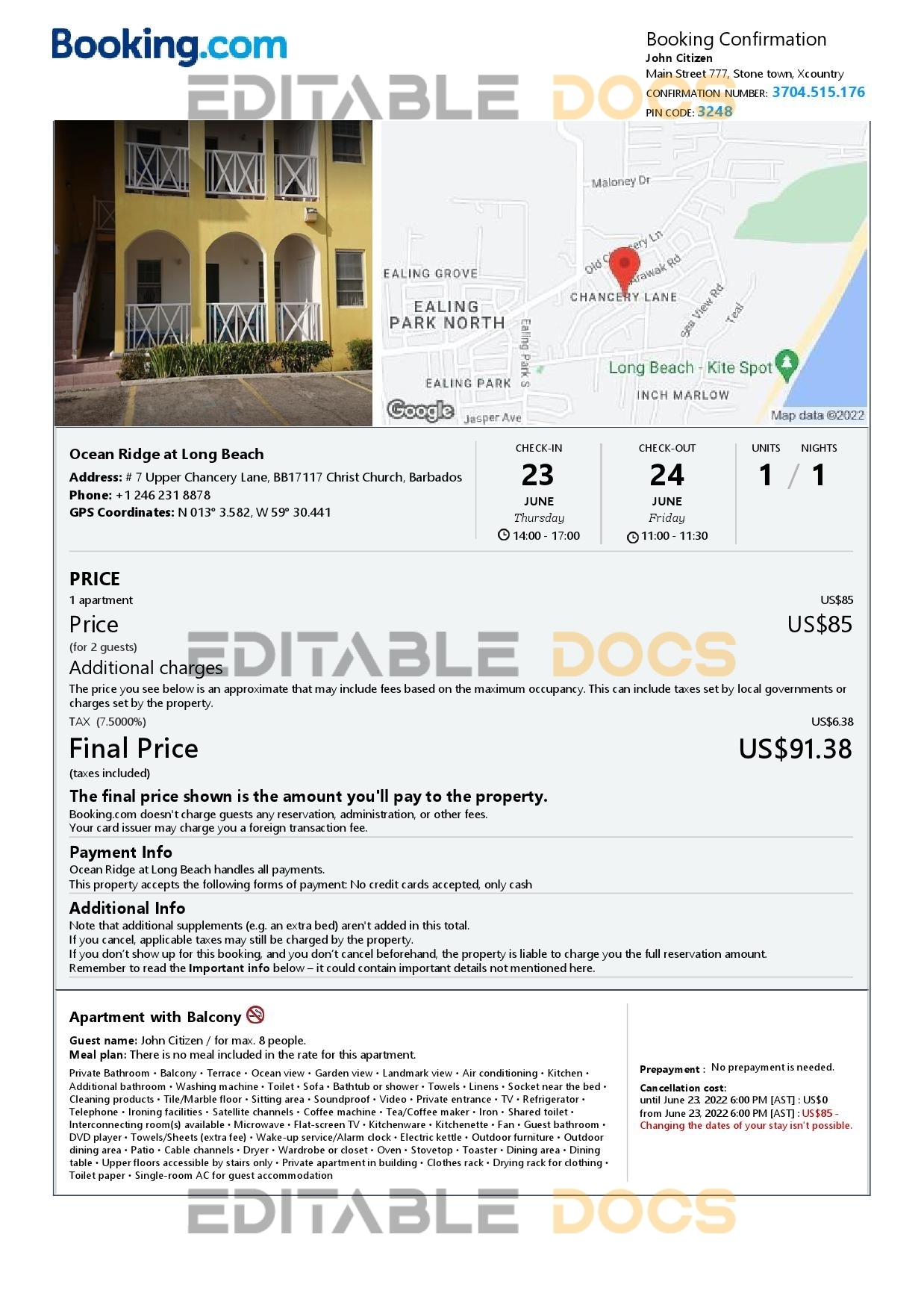 Editable Barbados Hotel Booking Form Template | Fillable PDF