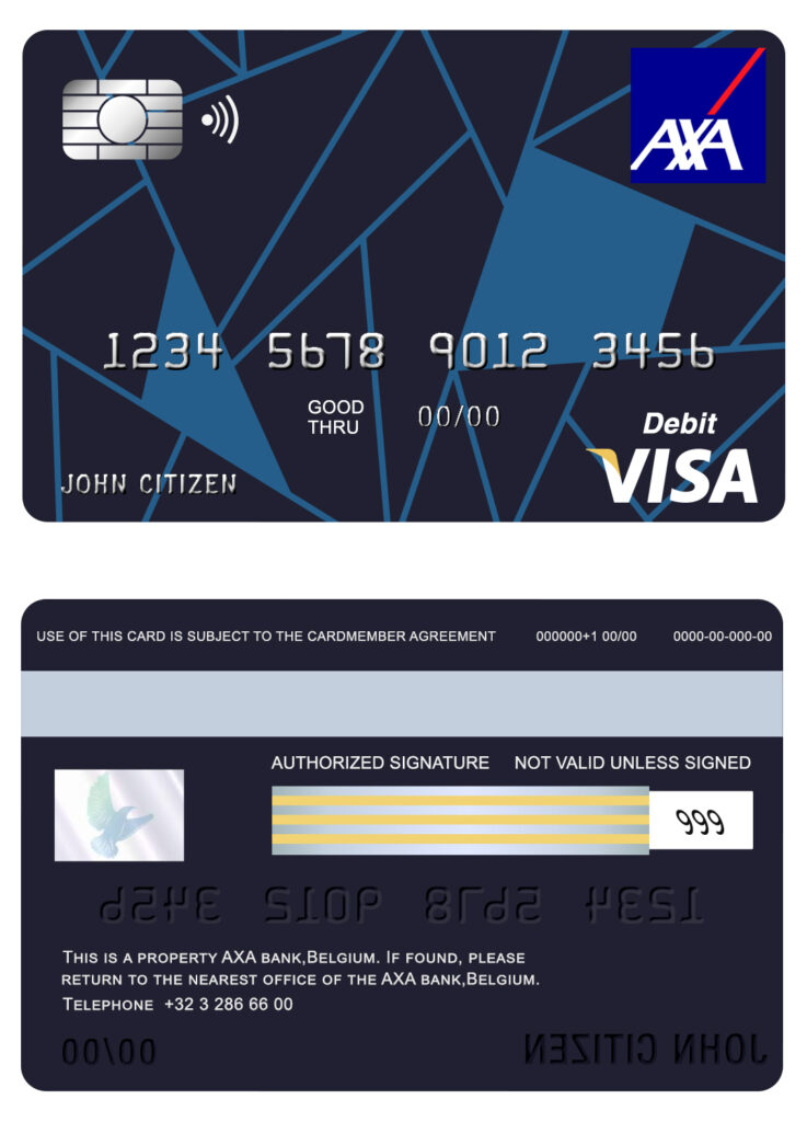 Editable Belgium AXA bank visa card debit card Templates