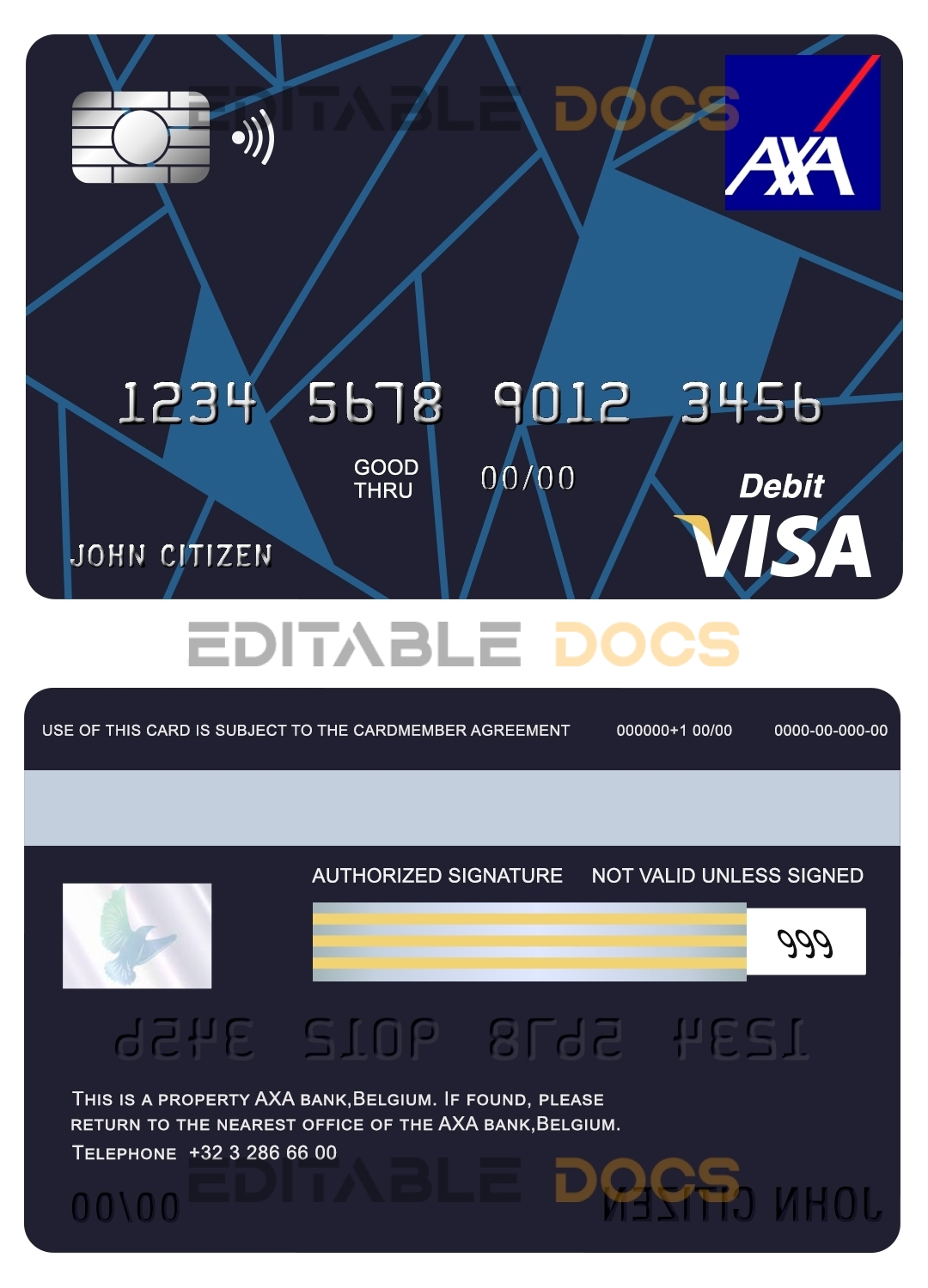 Editable Belgium AXA bank visa card debit card Templates in PSD Format