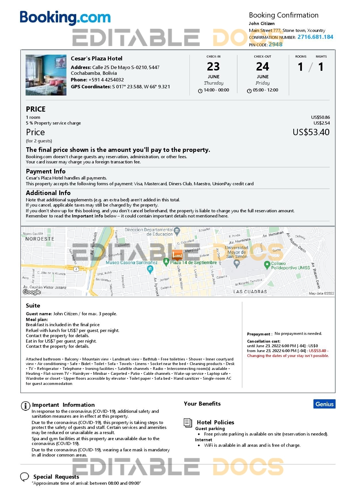 Editable Bolivia Hotel Booking Form Template | Fillable PDF