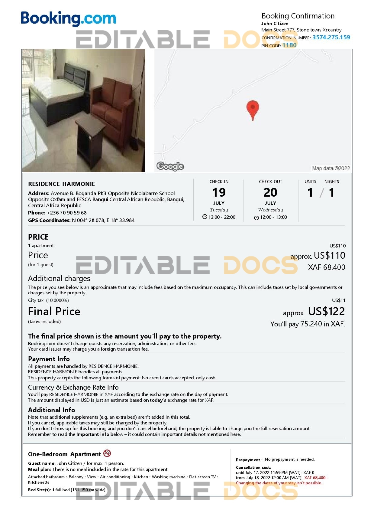 Editable Central African Republic Hotel Booking Form Template | Fillable PDF