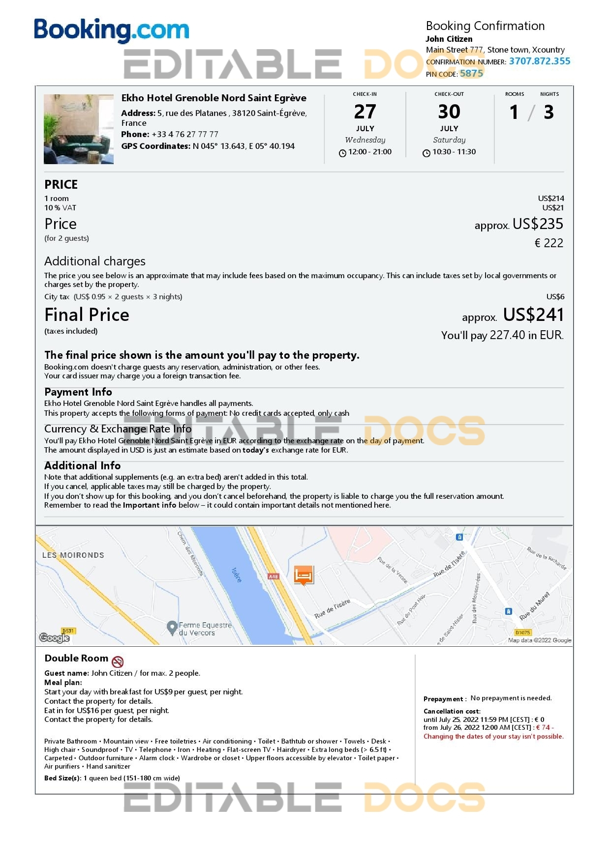Editable France Hotel Booking Form Template | Fillable PDF