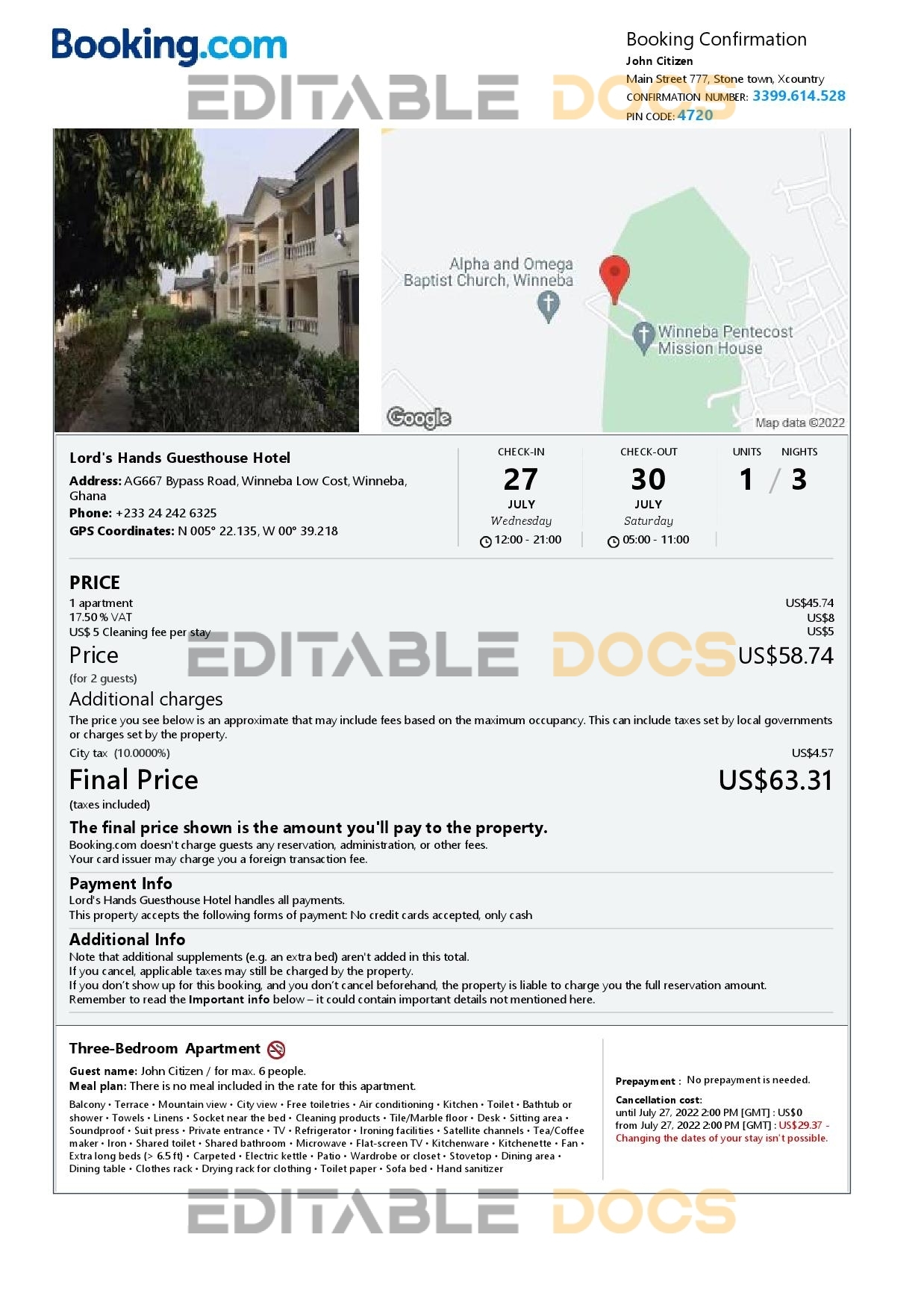 Editable Ghana Hotel Booking Form Template | Fillable PDF