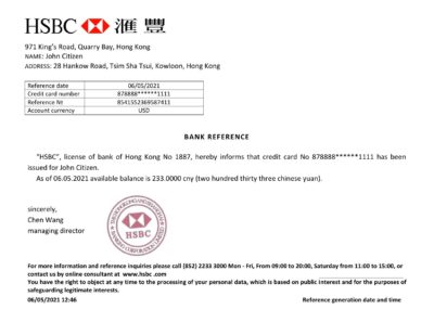 Download Hong Kong HSBC Bank Reference Letter Templates | Editable Word