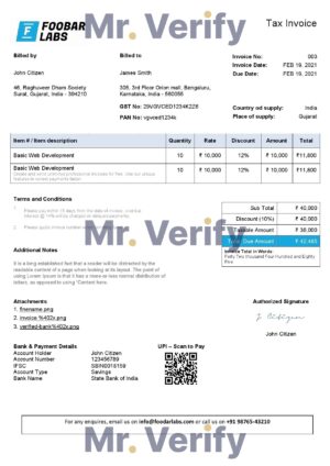 High-Quality India Foobar Labs Information Technology Company Invoice Template PDF | Fully Editable