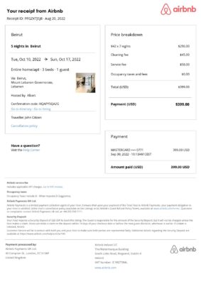 Customizable Lebanon Airbnb Reservation Template | Word & PDF Formats