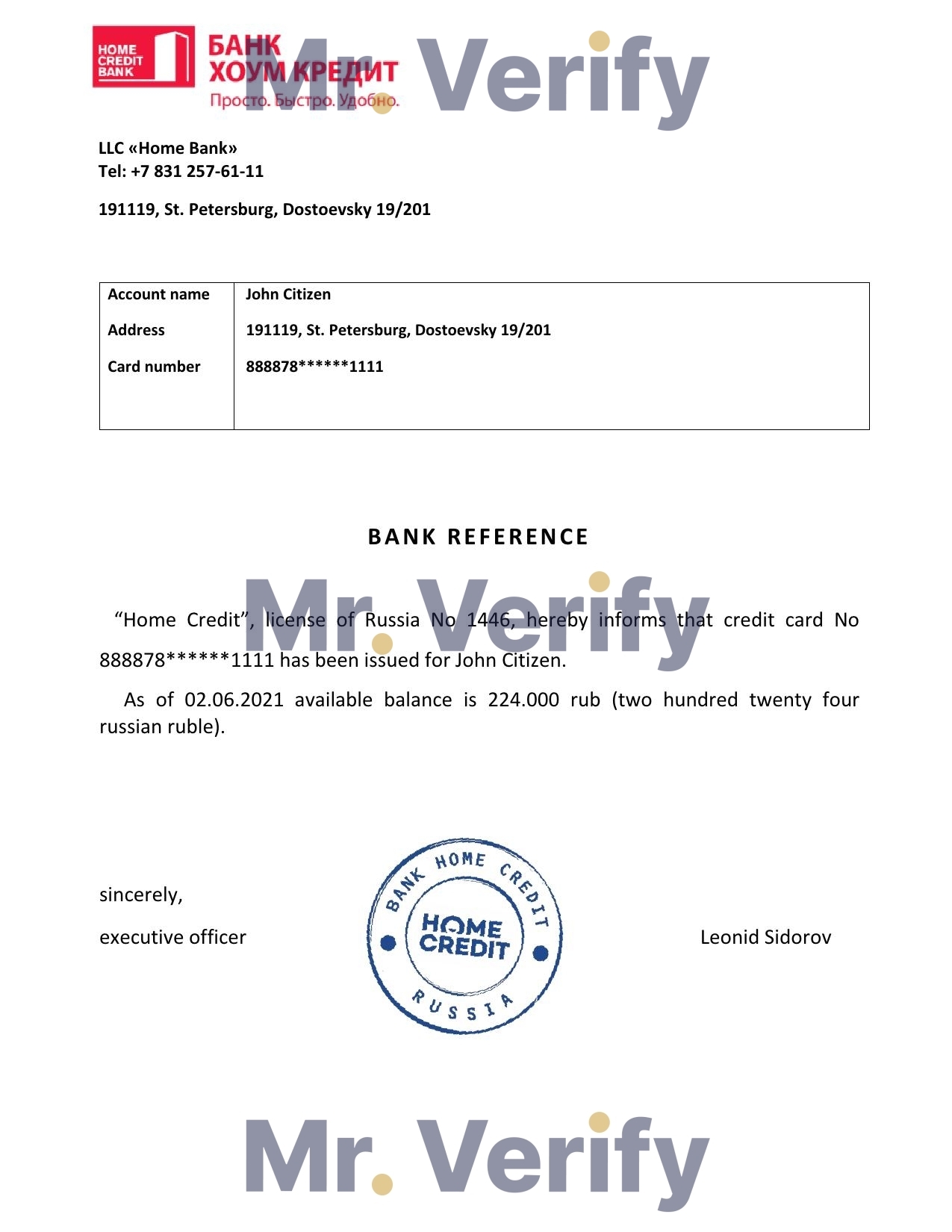 Download Russia Bank Home Credit Bank Reference Letter Templates | Editable Word