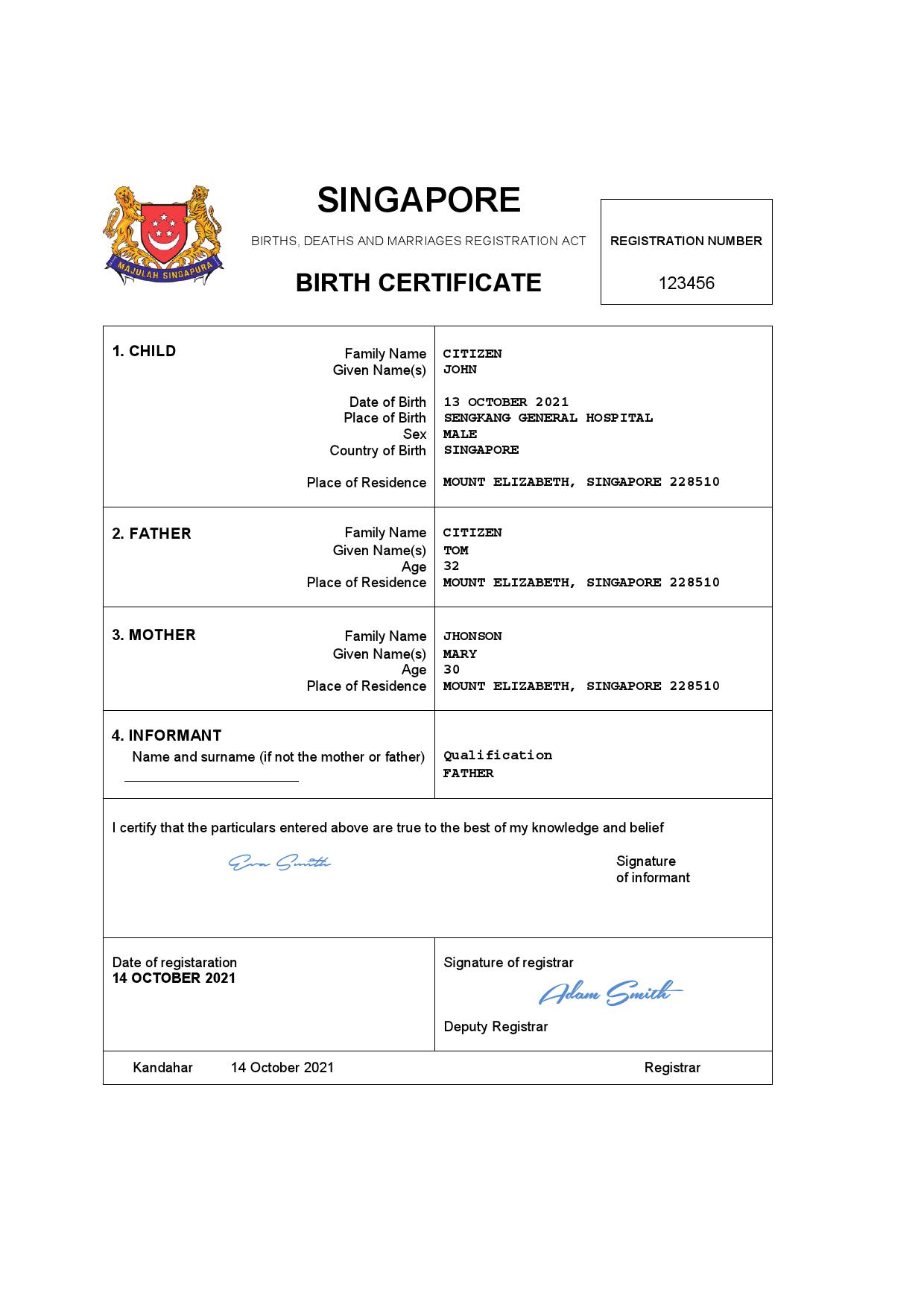 Authentic Singapore Birth Certificate Template | Customize and Download Online