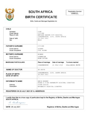 South Africa vital record birth certificate Word and PDF template, completely editable