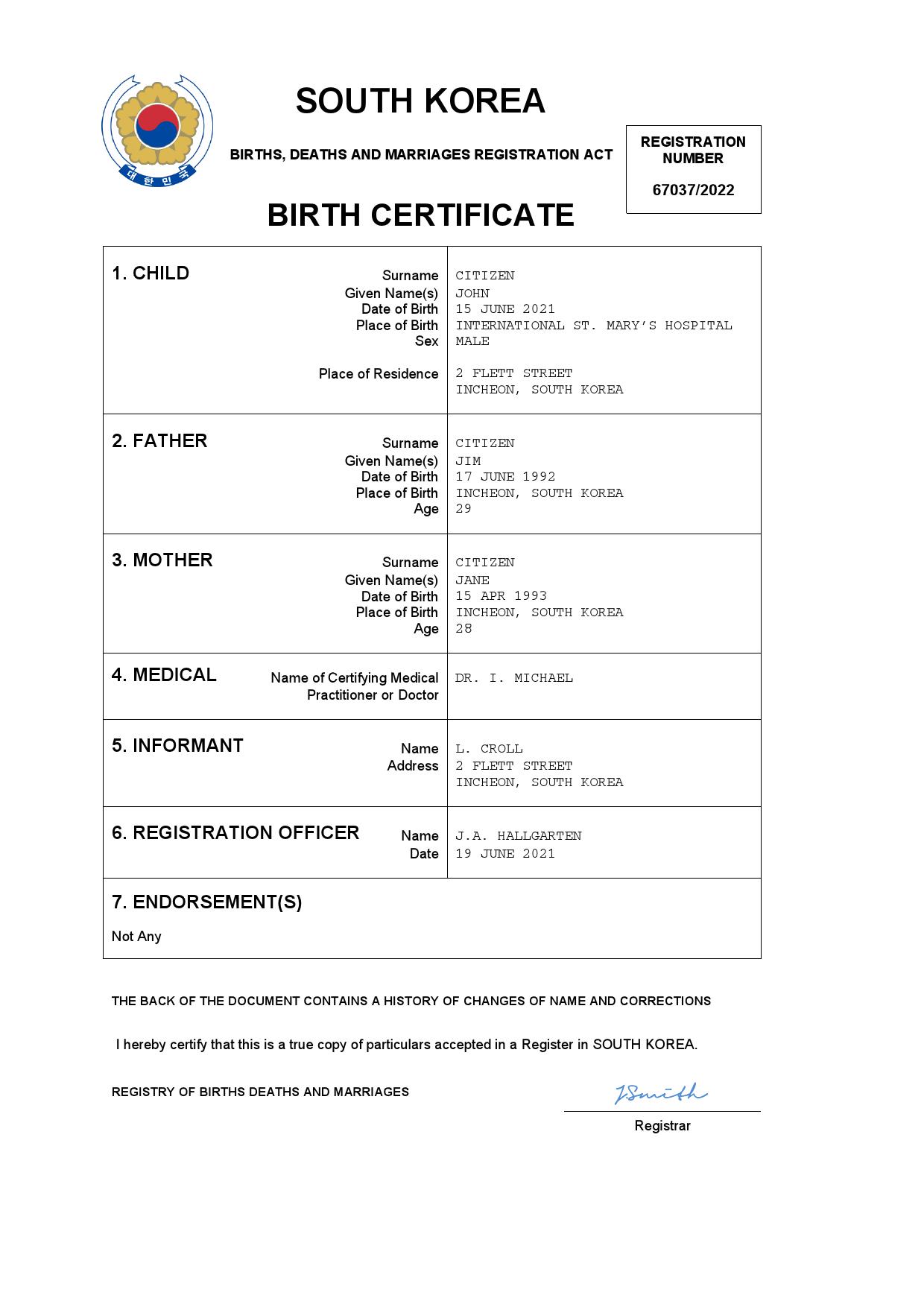 Authentic South Korea Birth Certificate Template | Customize and Download Online