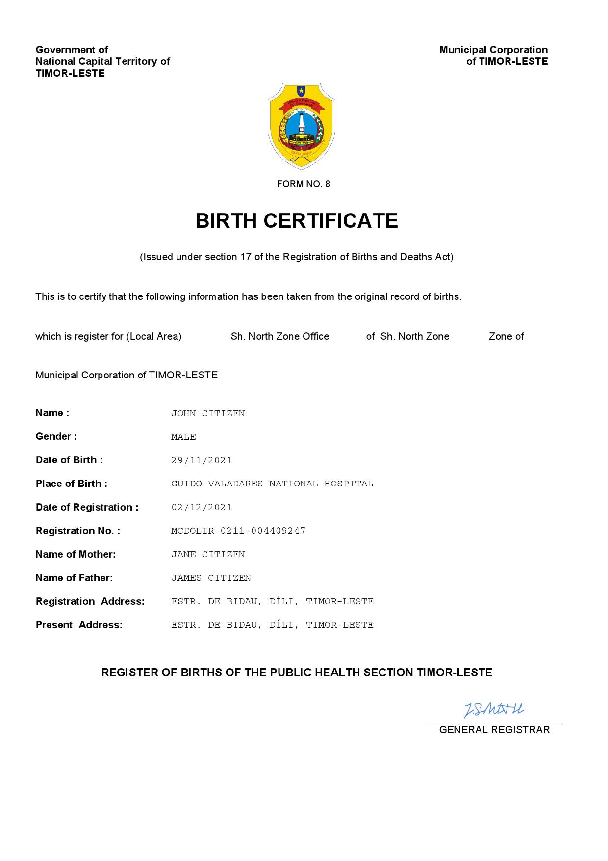 Authentic Timor-Leste Birth Certificate Template | Customize and Download Online
