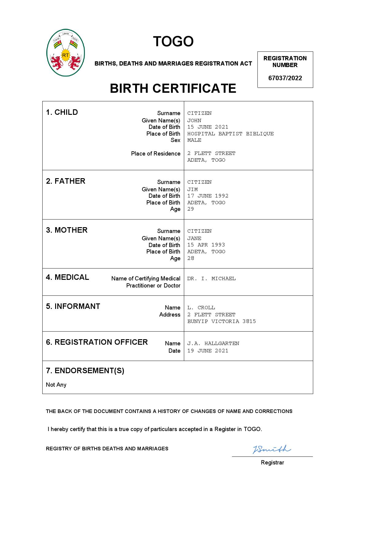 Authentic Togo Birth Certificate Template | Customize and Download Online