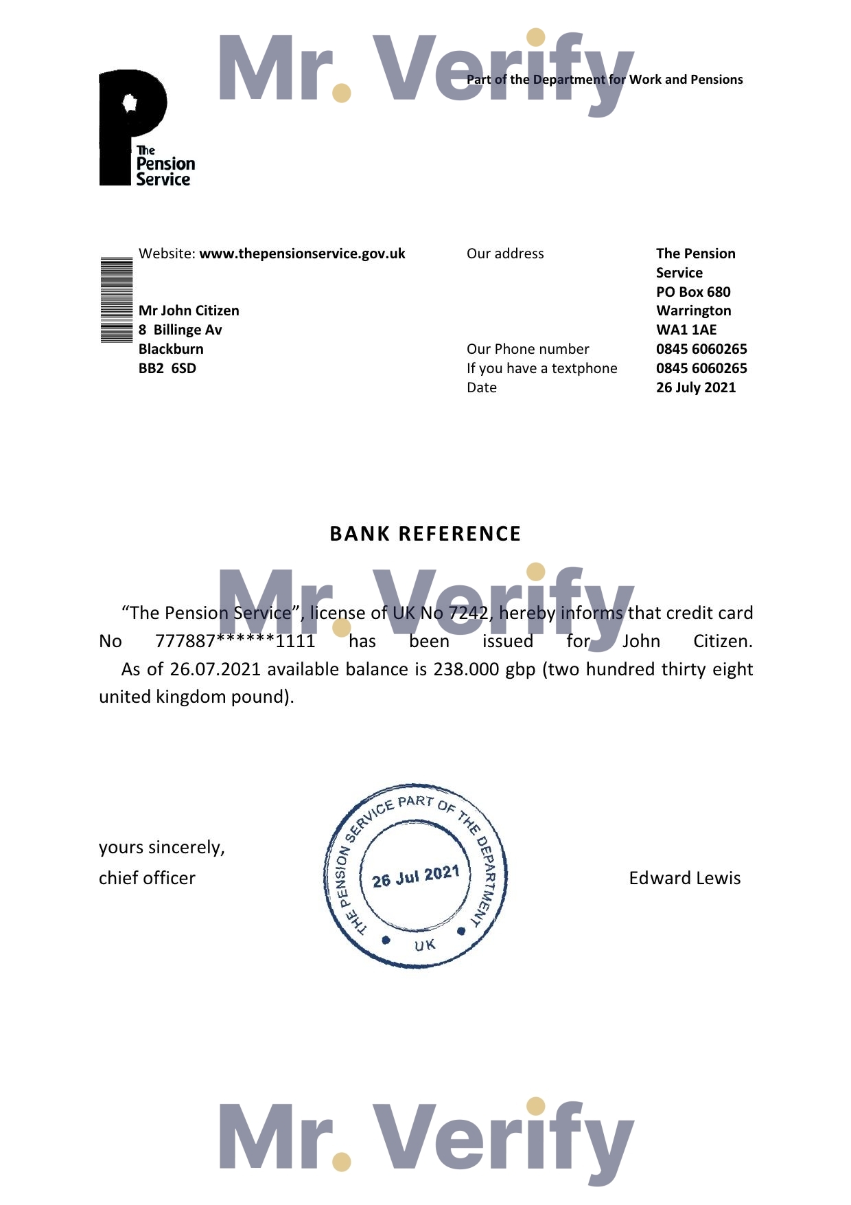Download United Kingdom The Pension Service Bank Reference Letter Templates | Editable Word