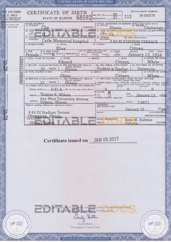 Authentic USA Illinois Birth Certificate Template | Customize and Download Online