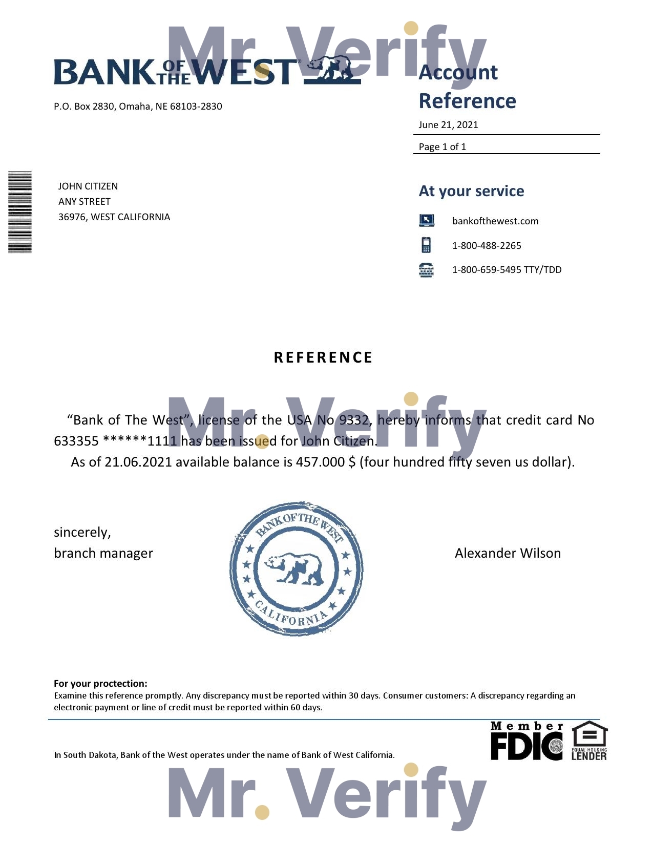 Download USA Bank of the West Bank Reference Letter Templates | Editable Word
