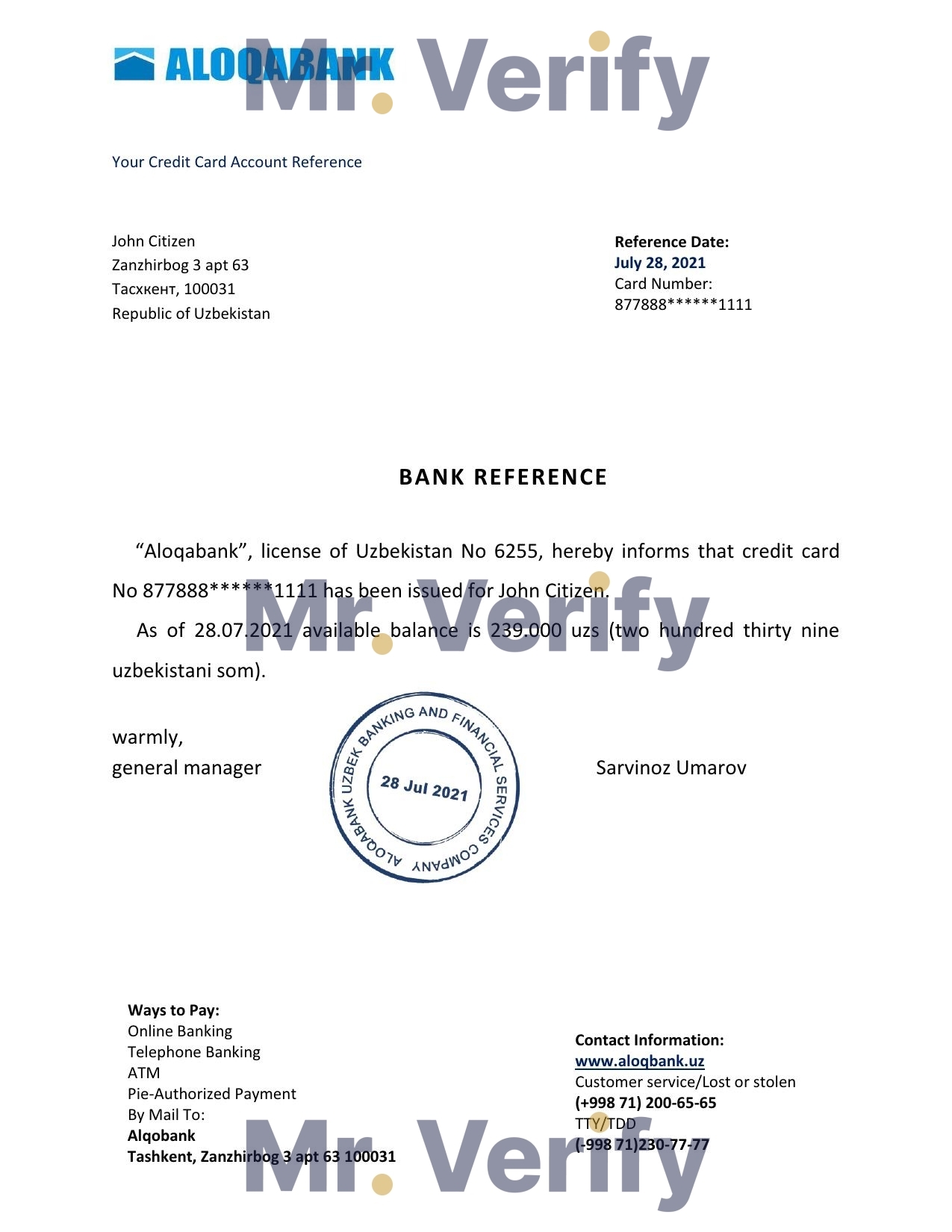 Download Uzbekistan Aloqabank Bank Reference Letter Templates | Editable Word