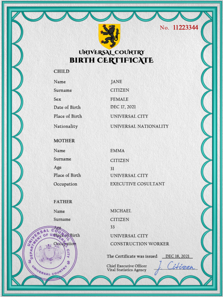 Authentic action universal Birth Certificate PSD Template