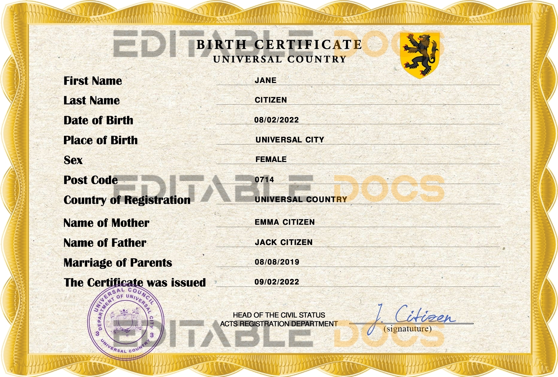 Authentic birthverse universal Birth Certificate PSD Template | Customize and Download Online