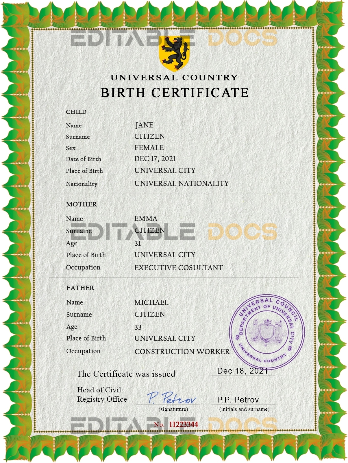 Authentic bold universsio universal Birth Certificate PSD Template