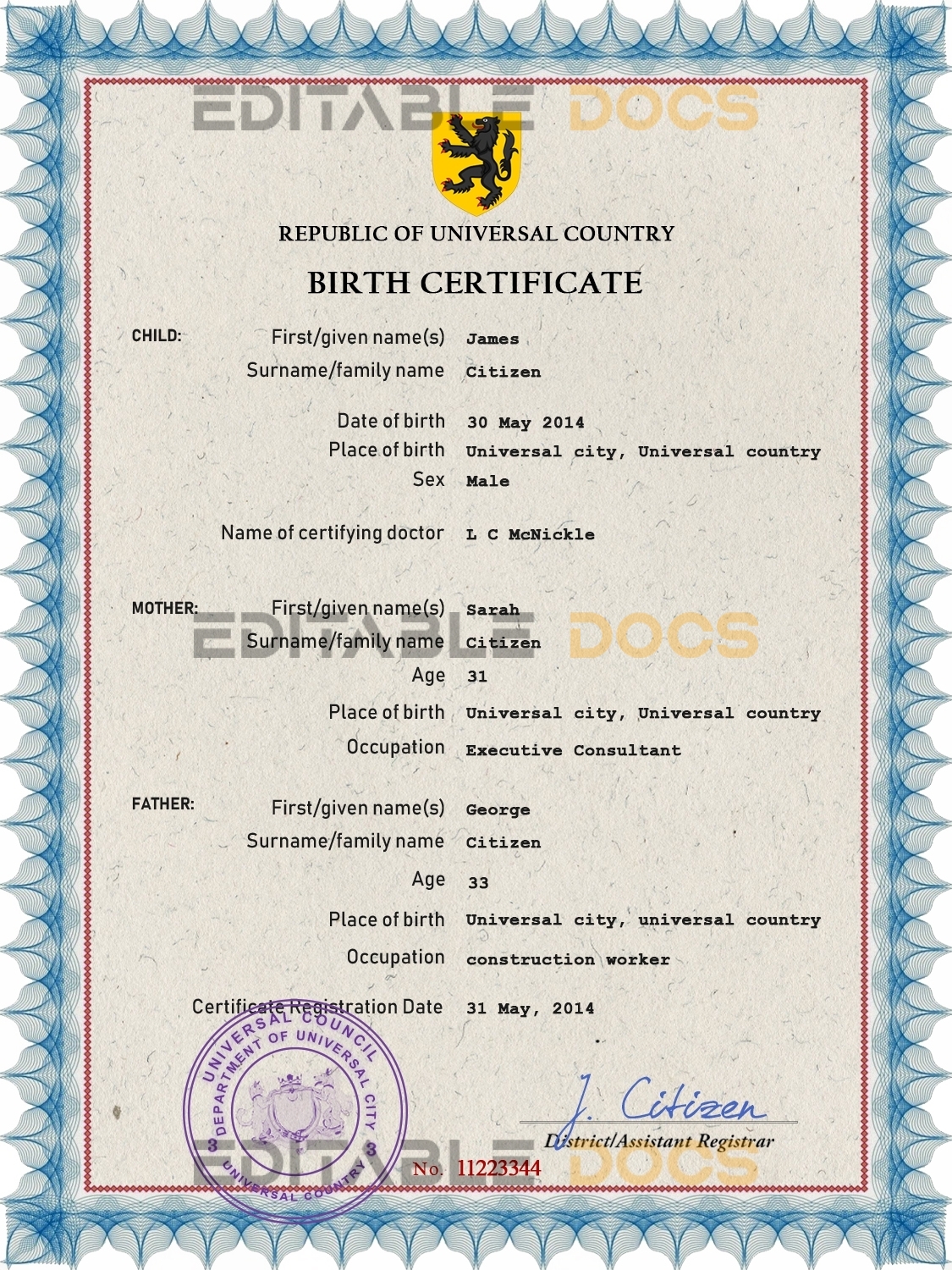 Authentic mass project universal Birth Certificate PSD Template