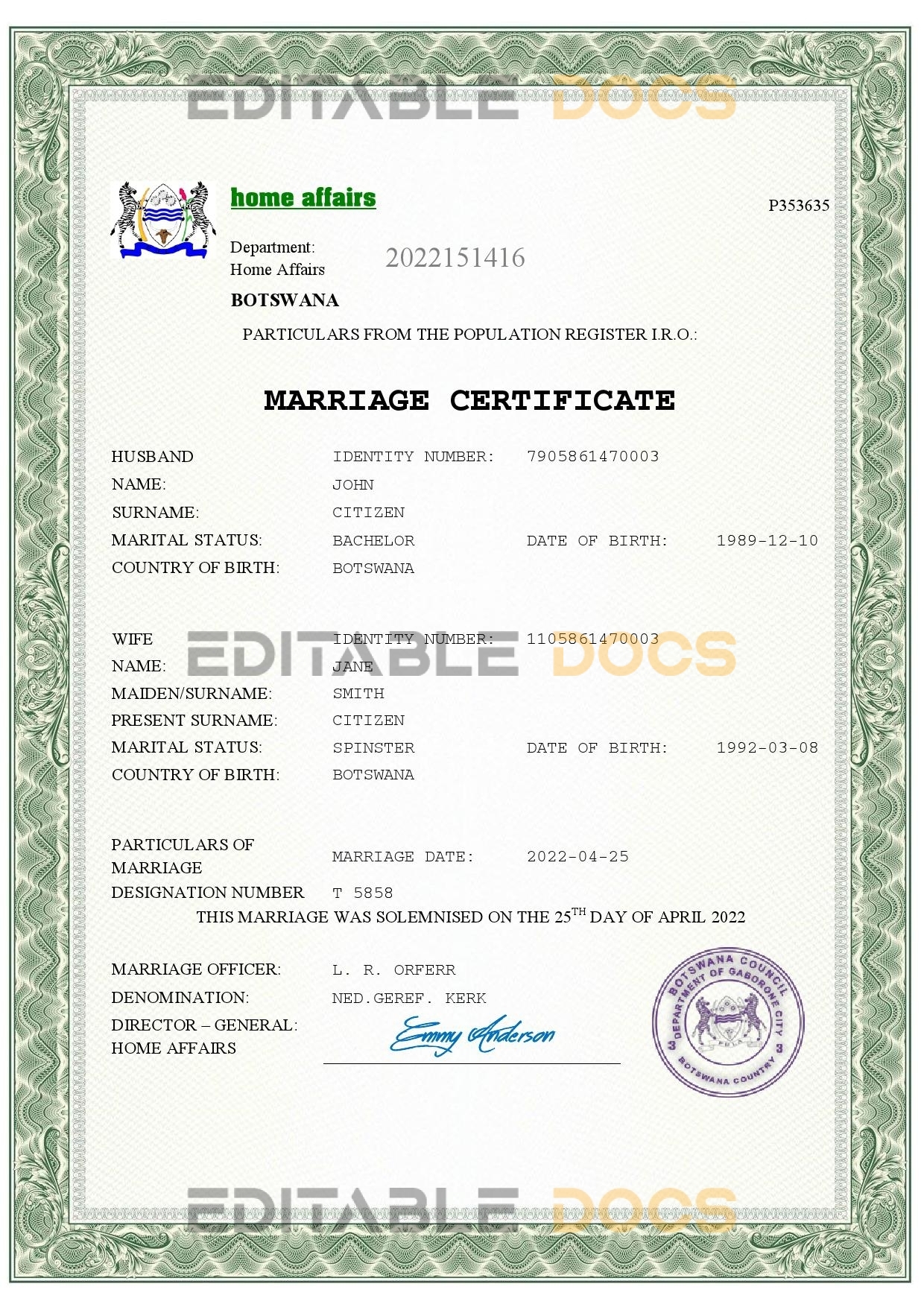 Botswana Marriage Certificate | Editable PDF Templates
