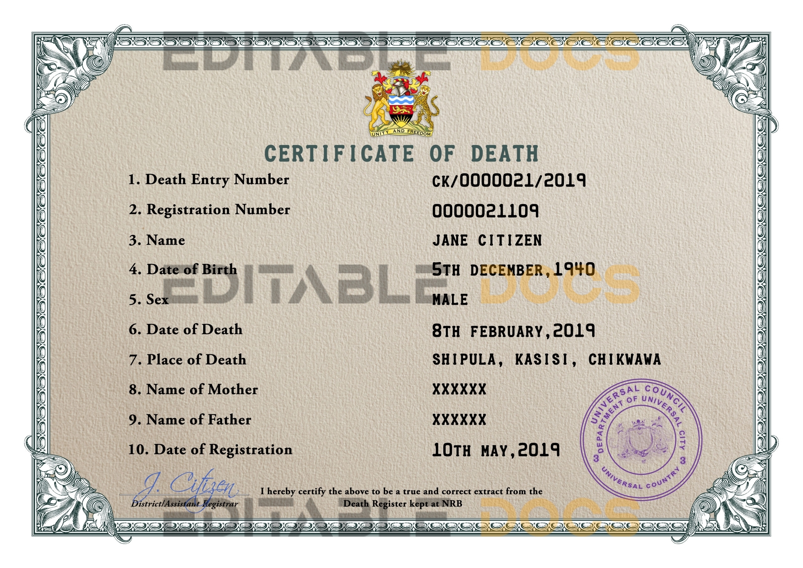 Customizable Certificate Dominate Universal Death Certificate PSD Templates