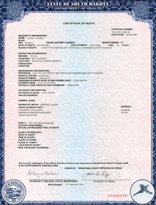 Customizable USA South Dakota state Death Certificate PSD Templates | Instant Download