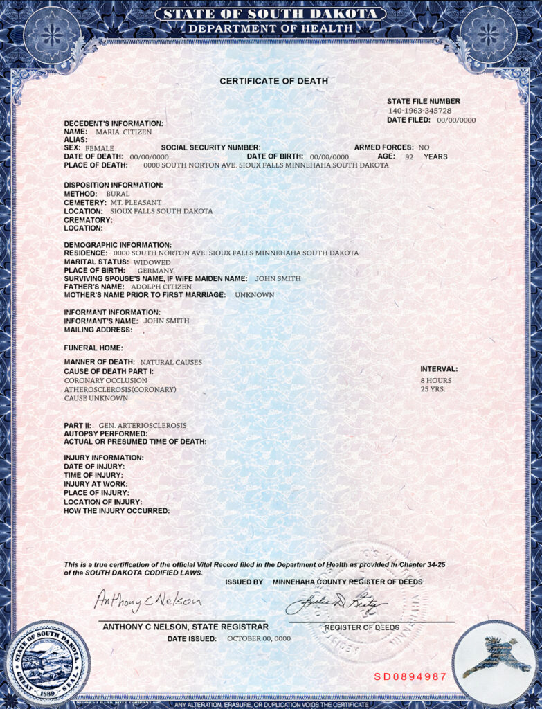 USA South Dakota state death certificate template in PSD format, fully editable