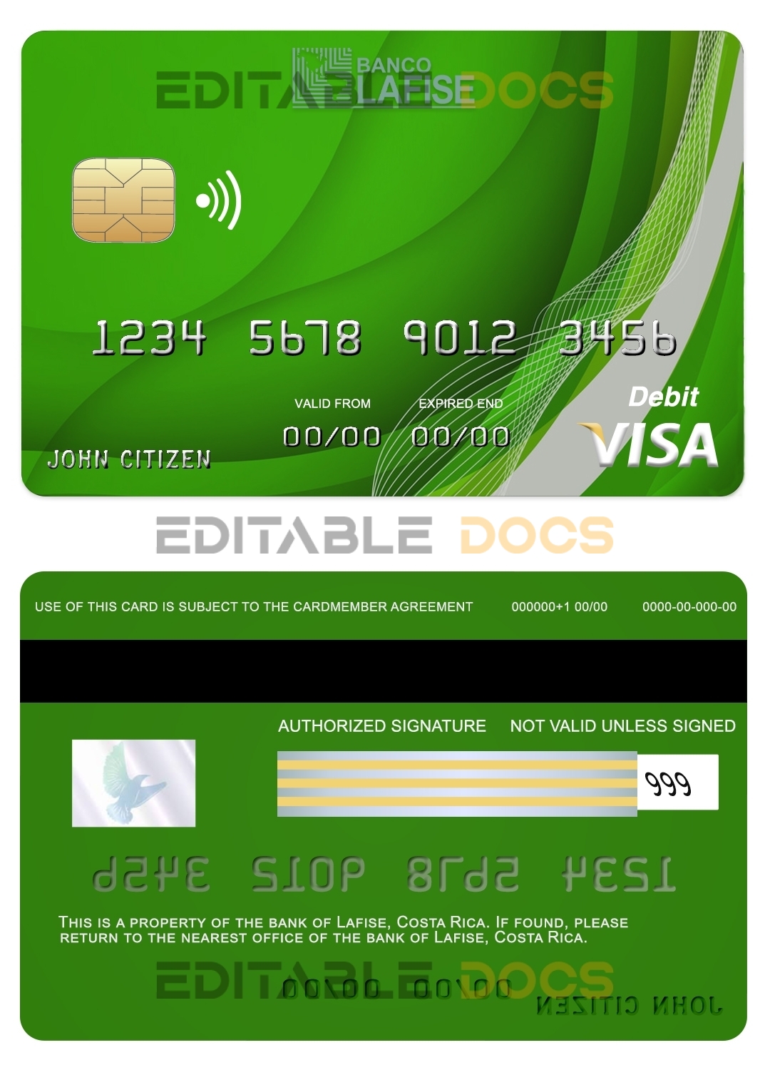 Editable Costa Rica lafise bank visa card Templates in PSD Format