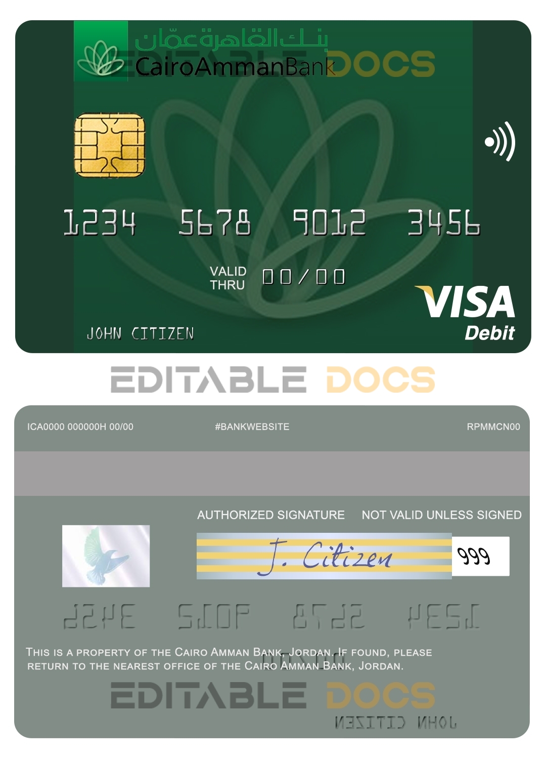 Editable illable Jordan Cairo Amman Bank visa card Templates in PSD Format