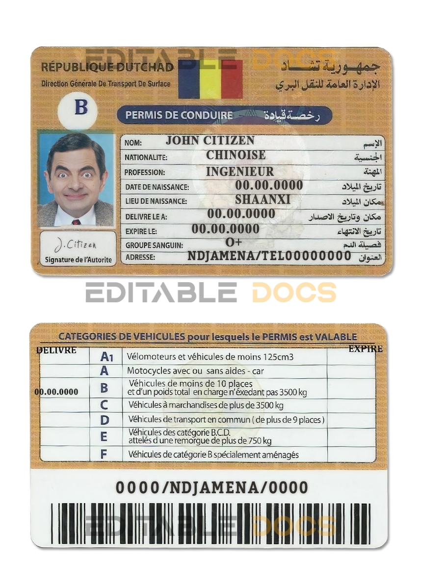 Fake Republique Du Tchad Driver License Template