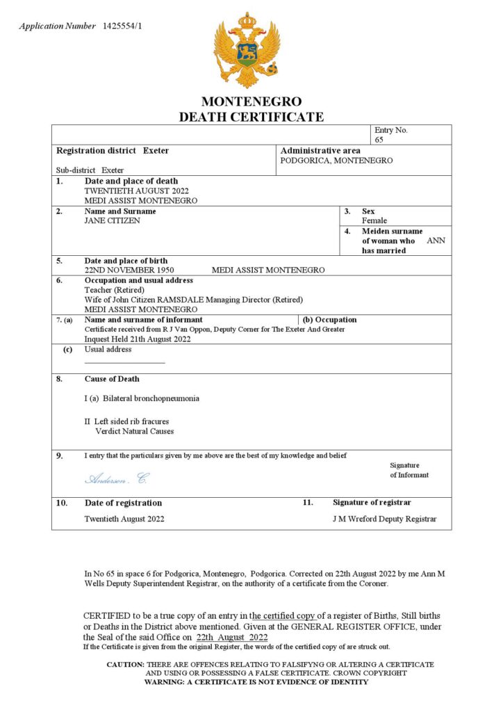 Montenegro death certificate Word and PDF template, completely editable