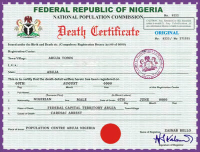 Customizable Nigeria Death Certificate PSD Templates | Instant Download