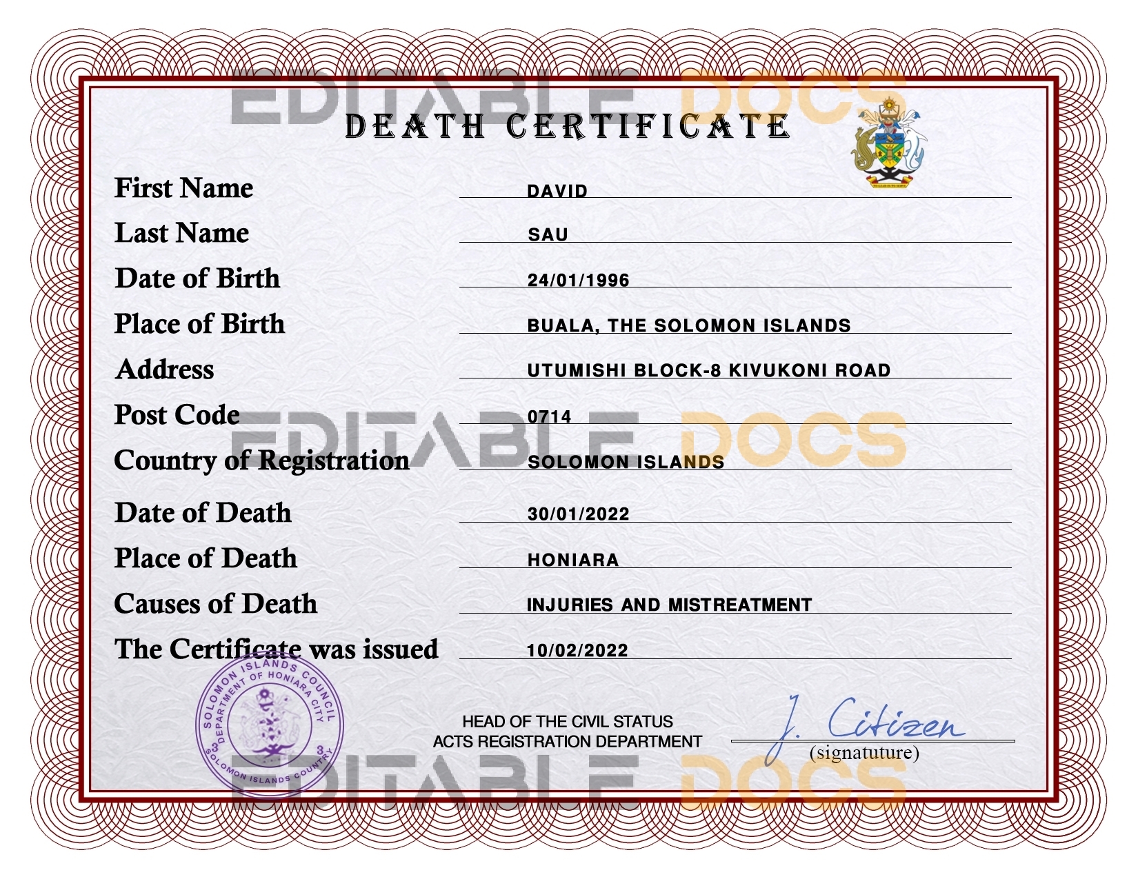 Customizable Solomon Death Certificate PSD Templates | Instant Download