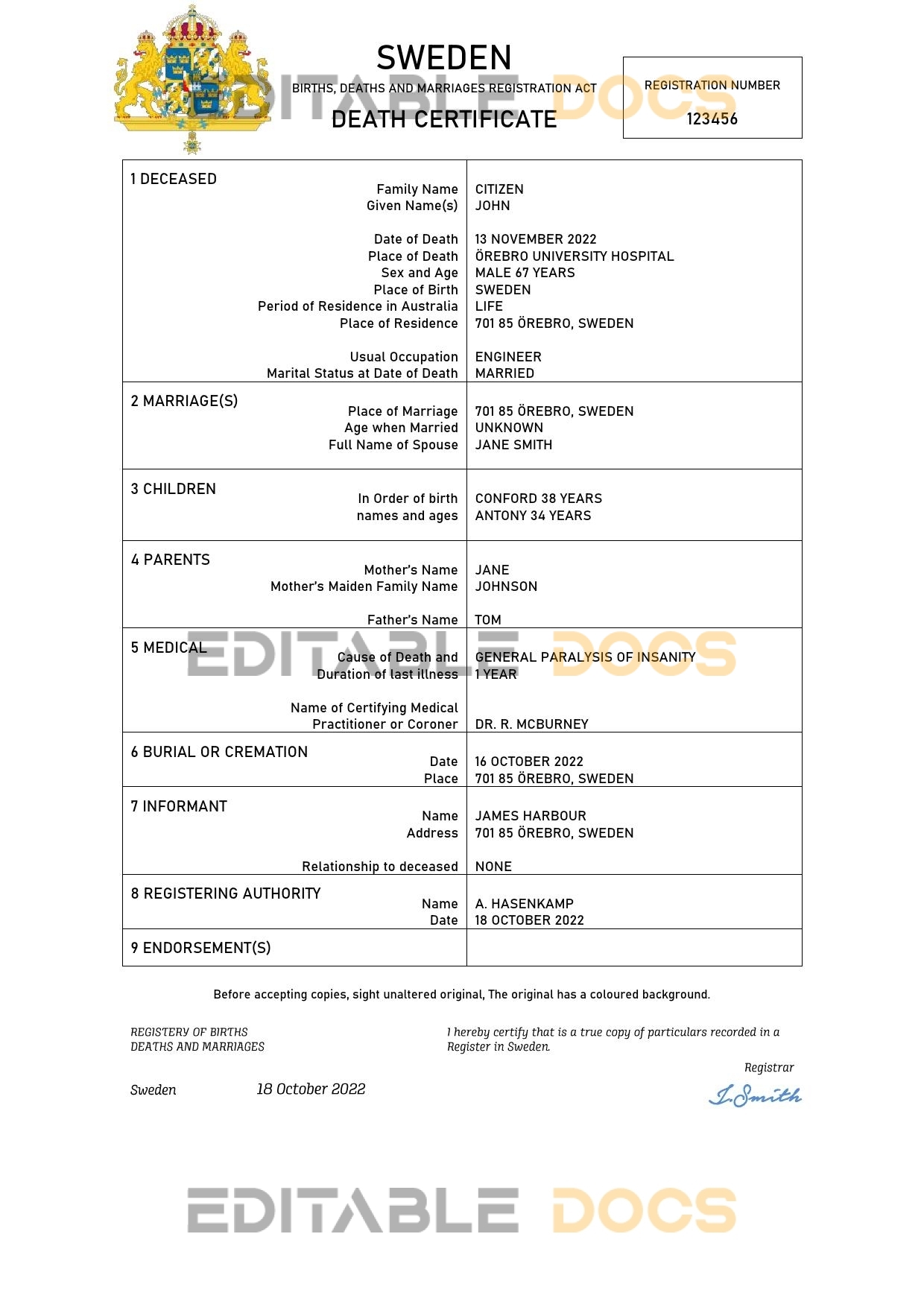 Fillable Sweden Death PDF Templates | Blank Docs