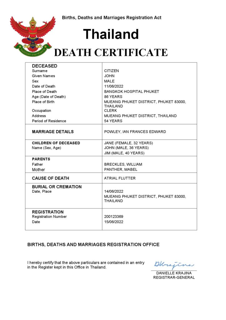 Thailand death certificate Word and PDF template, completely editable